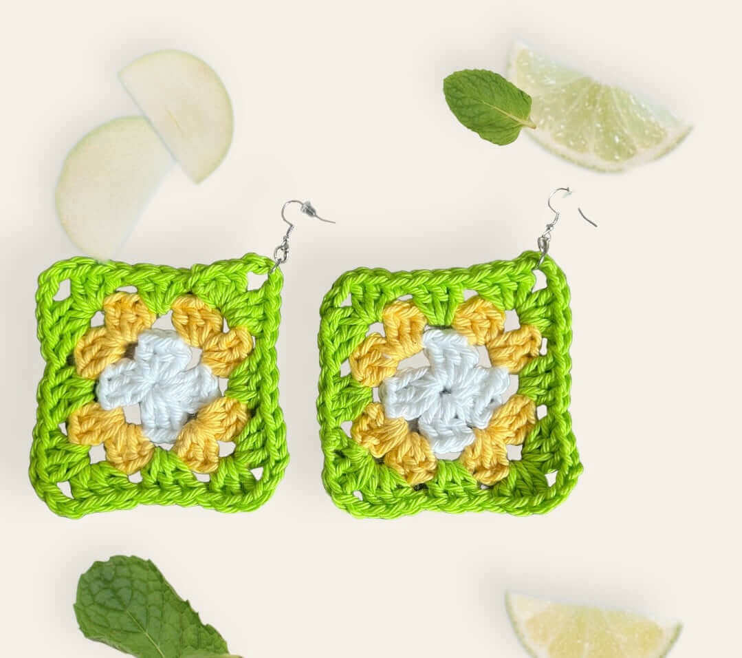 Lemon-Lime Granny Square Earrings | Handcrafted